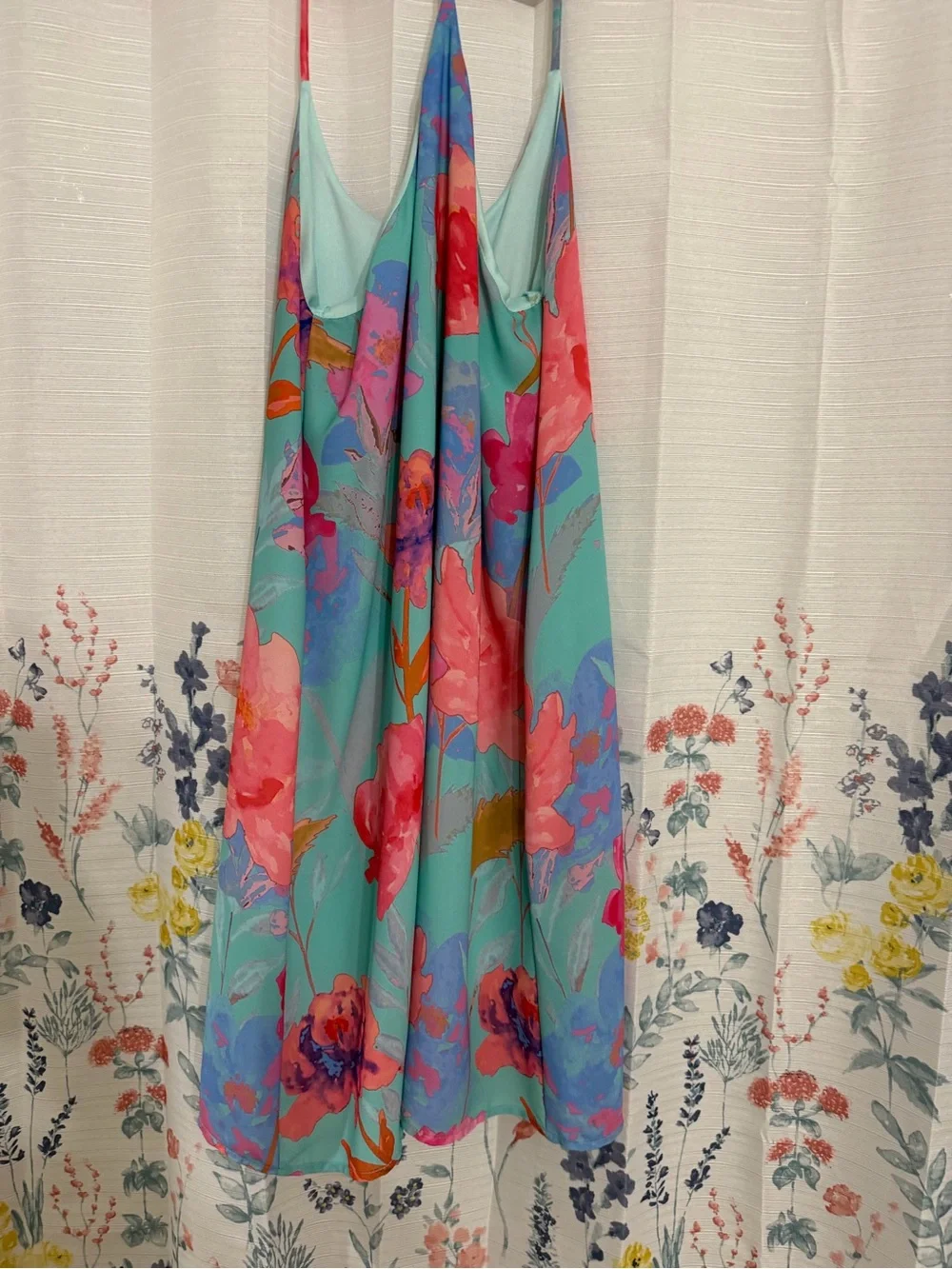Everly Aqua Slip Dress with Pink Floral Print
